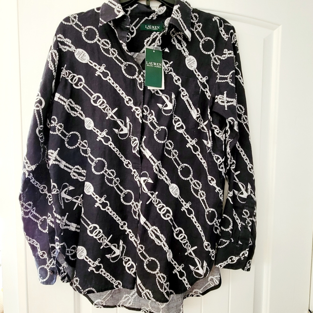 NWT LAUREN RALPH LAUREN Poplin Blouse Nautical Navy White Size S - Picture 2 of 8